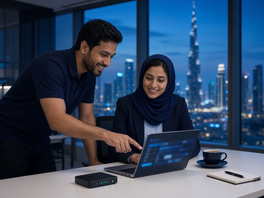 IT support engineer helping an office employee with her laptop in a modern Dubai office at dusk, with the city skyline behind them