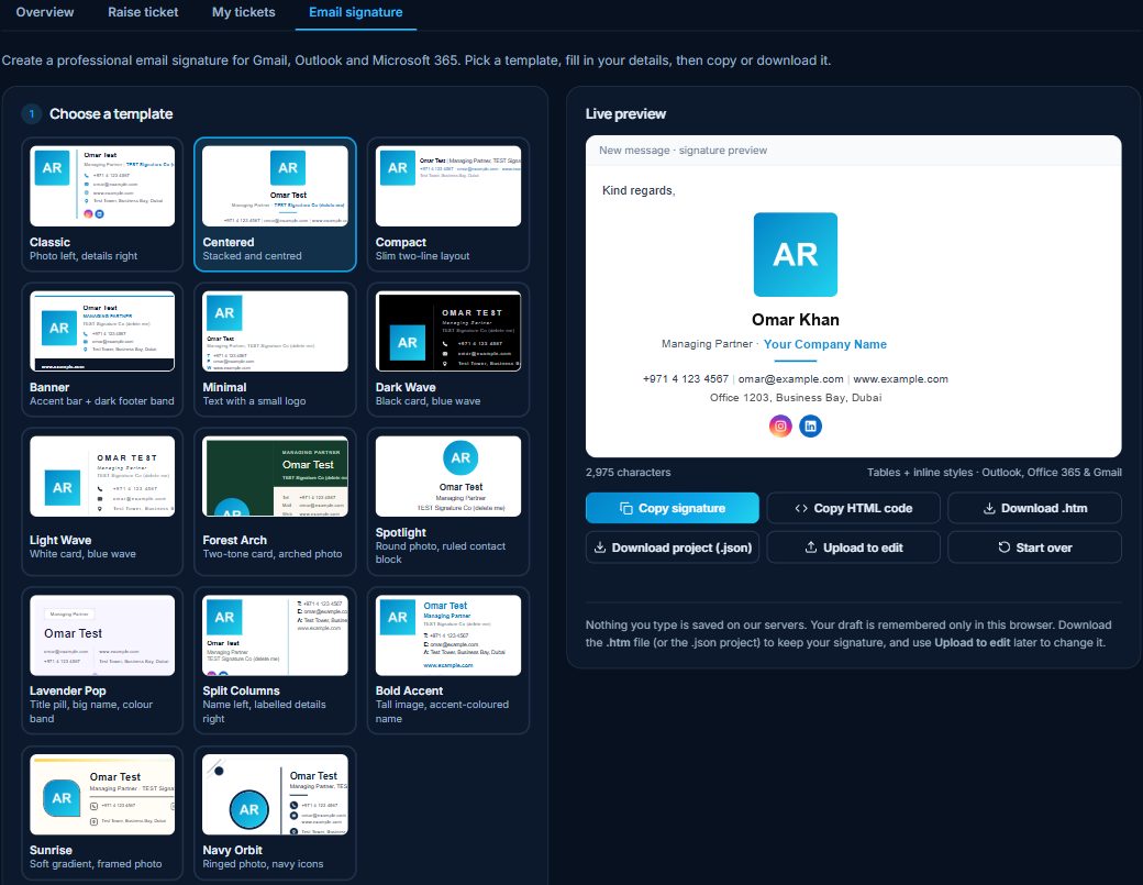 Wexon email signature generator with 14 templates and a live signature preview