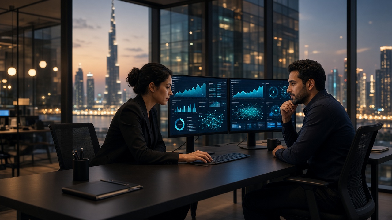 Two colleagues in a Dubai office reviewing live business dashboards at dusk