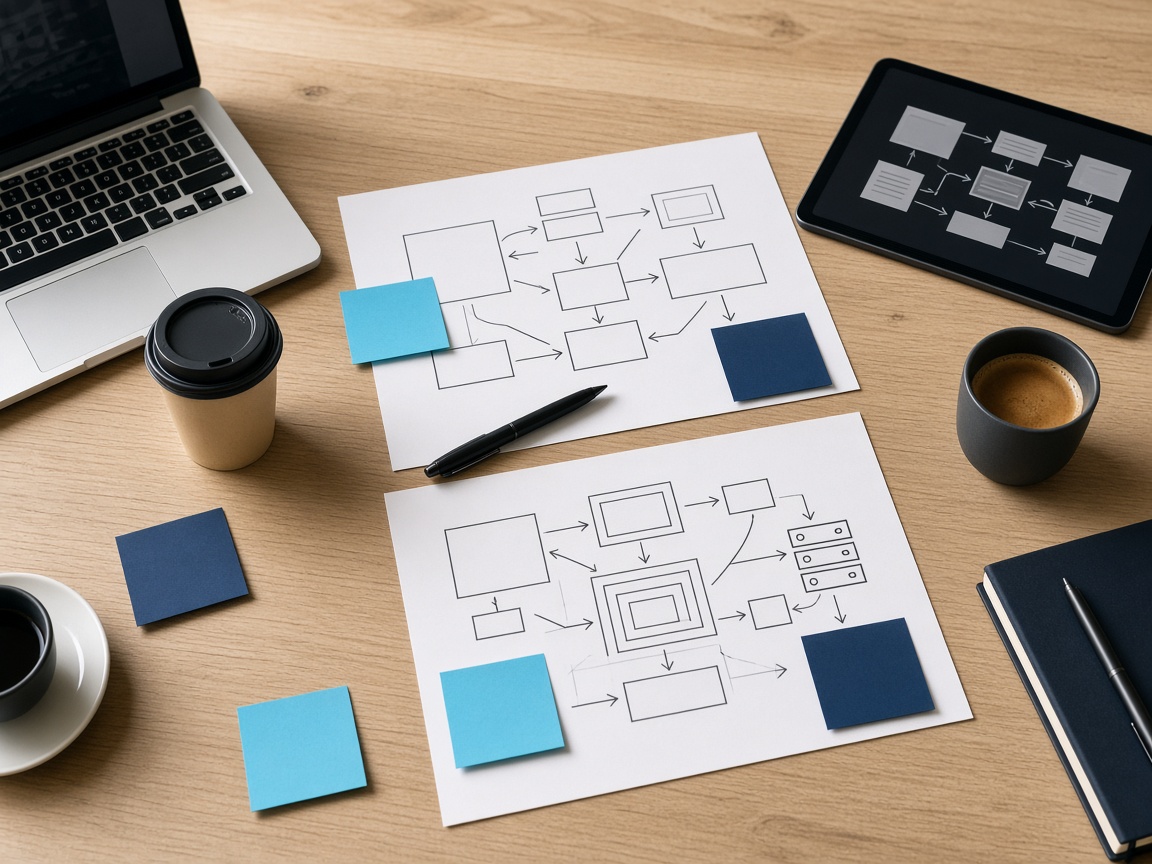Workshop table with a laptop, tablet and process sketches for an ERP integration