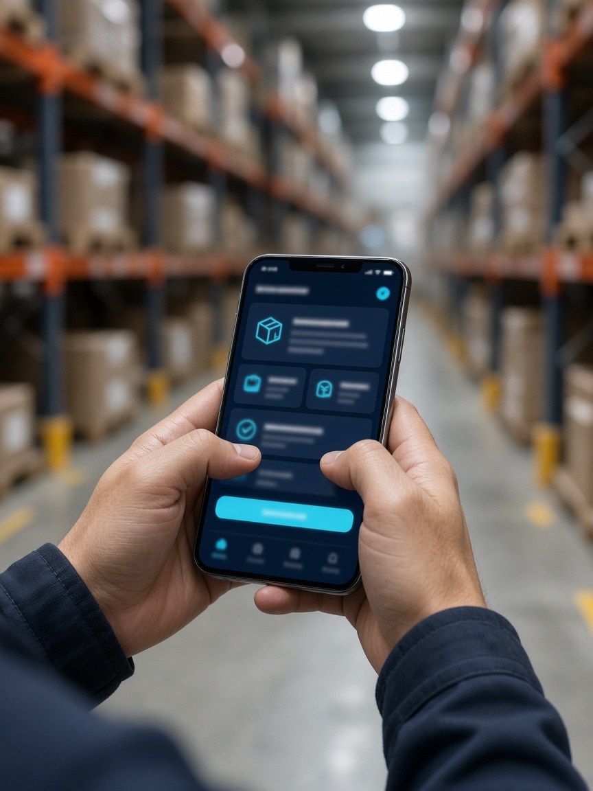 Staff member using a phone app in a warehouse aisle